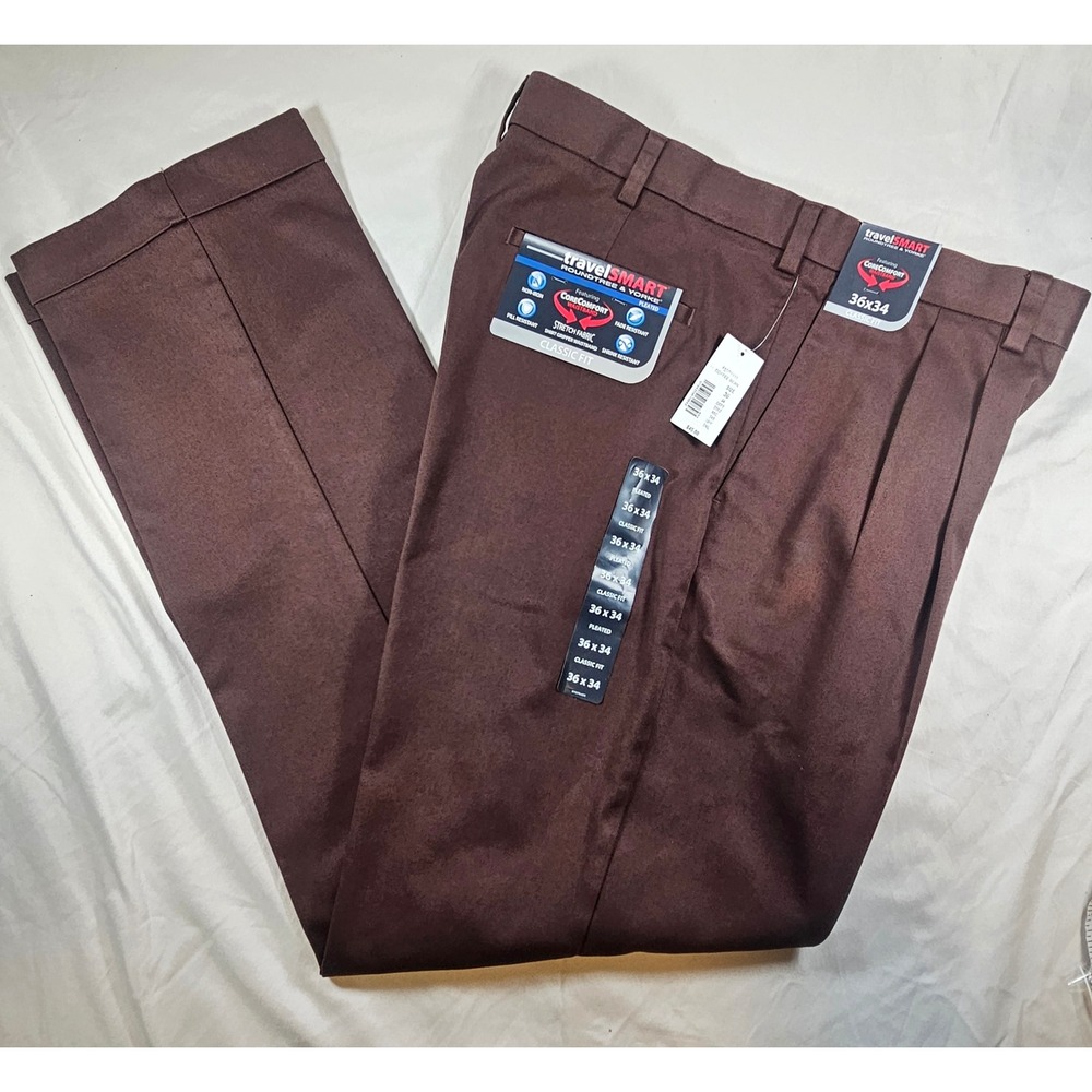 Roundtree & Yorke 36x34 Coffee Brown TravelSMART Classic Pleated Chino NWT 1633